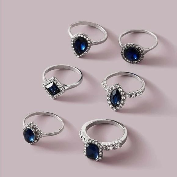 Silver 3/$30 Blue 6pc Rhinestone Geometric Midi Ring Set - Picture 2 of 2